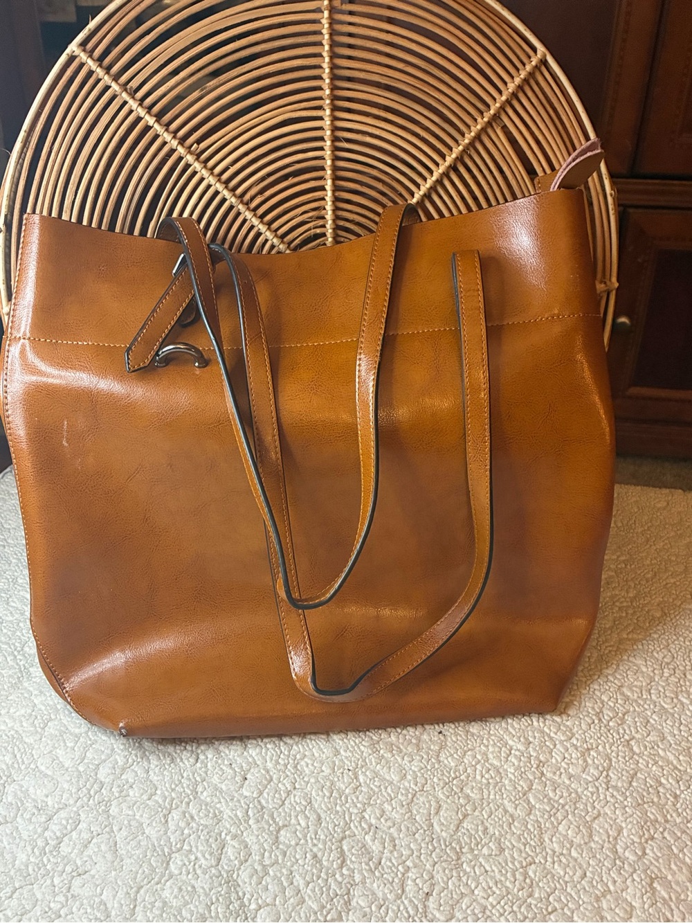 S-ZONE Cognac Brown Large Tote Shoulder Bag Zip Top Work Bag